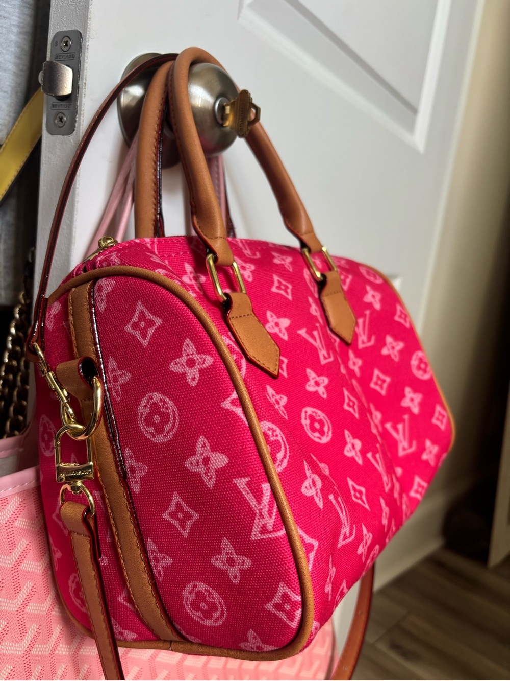 Designer-Inspired Pink Canvas Satchel with Tan Trim